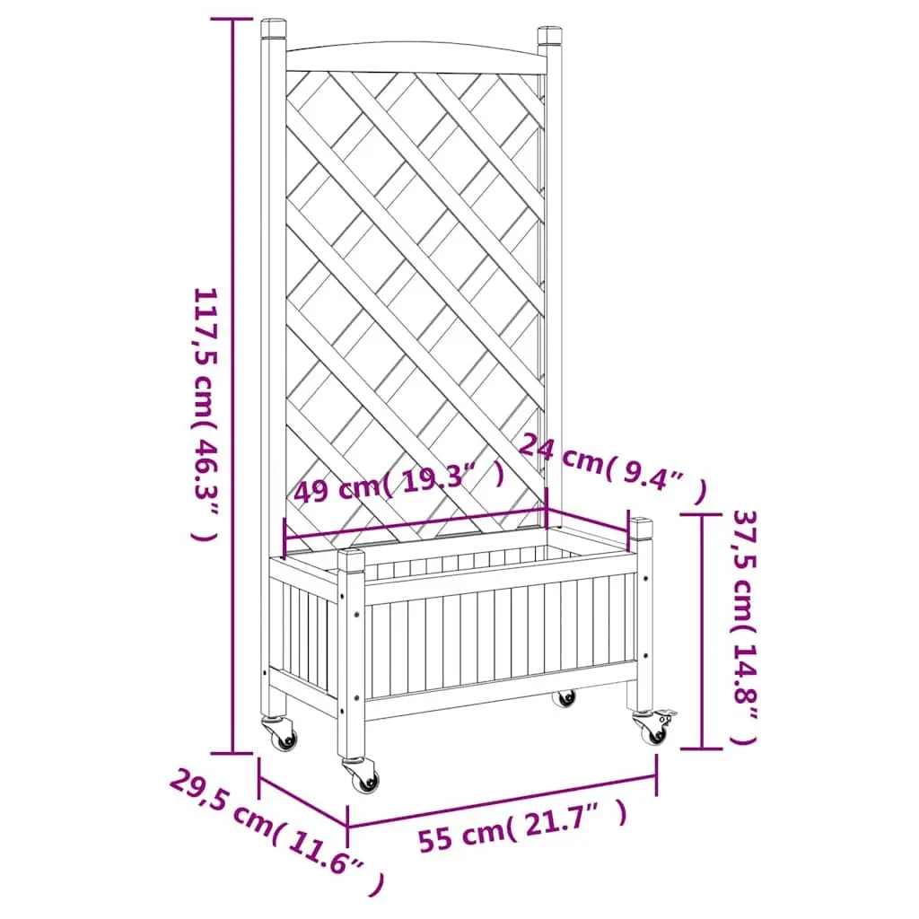 Wooden Planter with Trellis Support and Wheels Solid Fir Grey