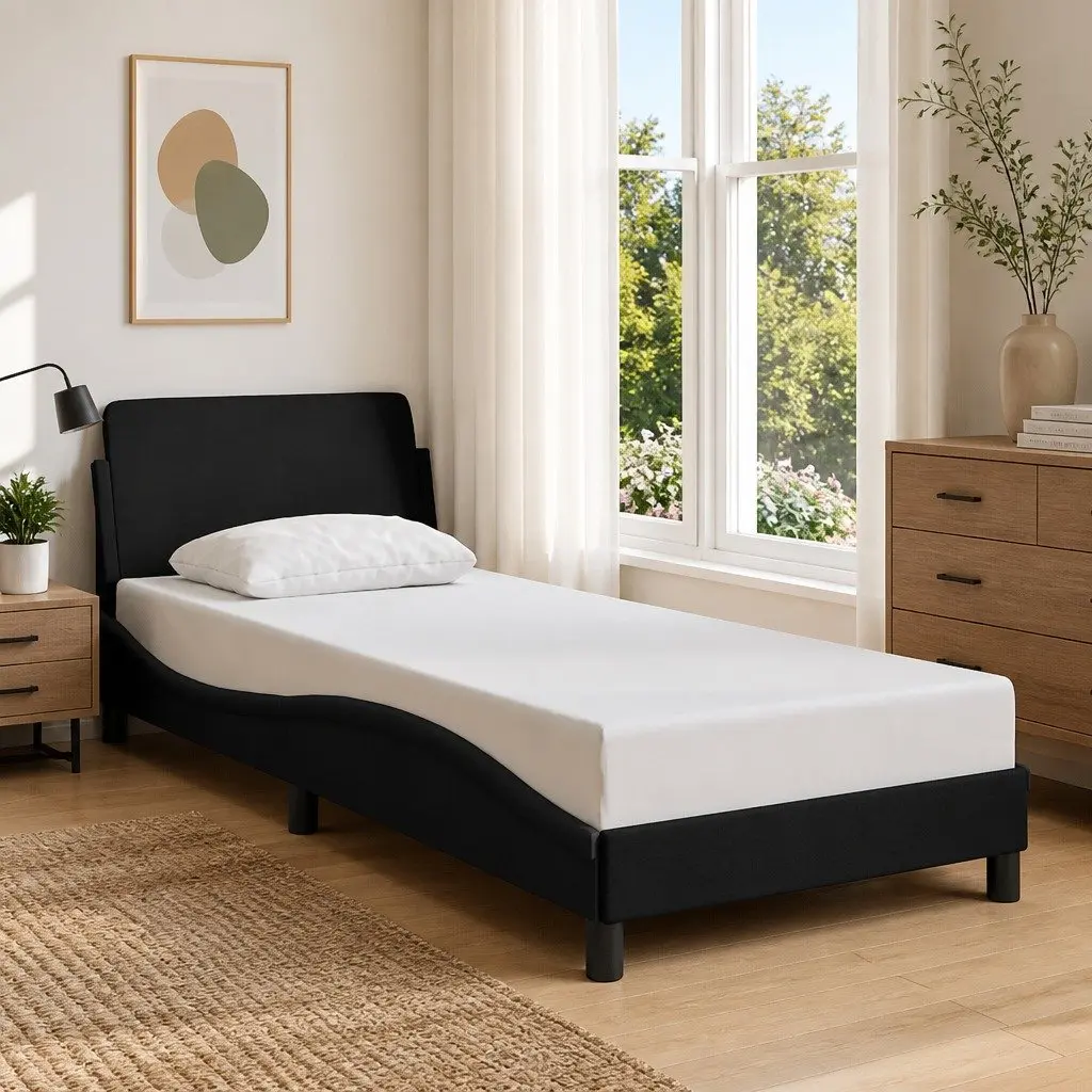 Bed Frame with Headboard Black Fabric 90x190 cm Bedroom Furniture Slatted Base