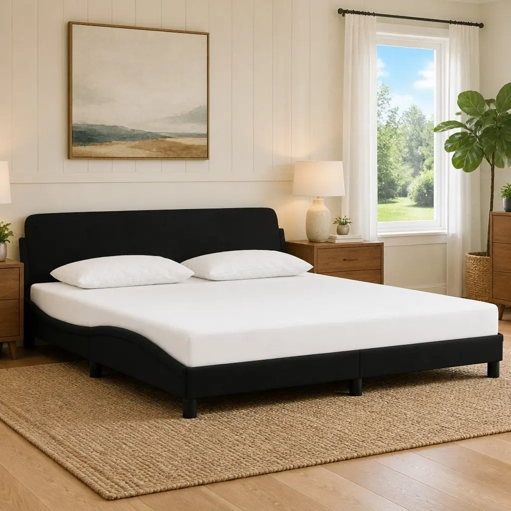 King Size Bed Frame Velvet 180x200 cm Black Upholstered Headboard