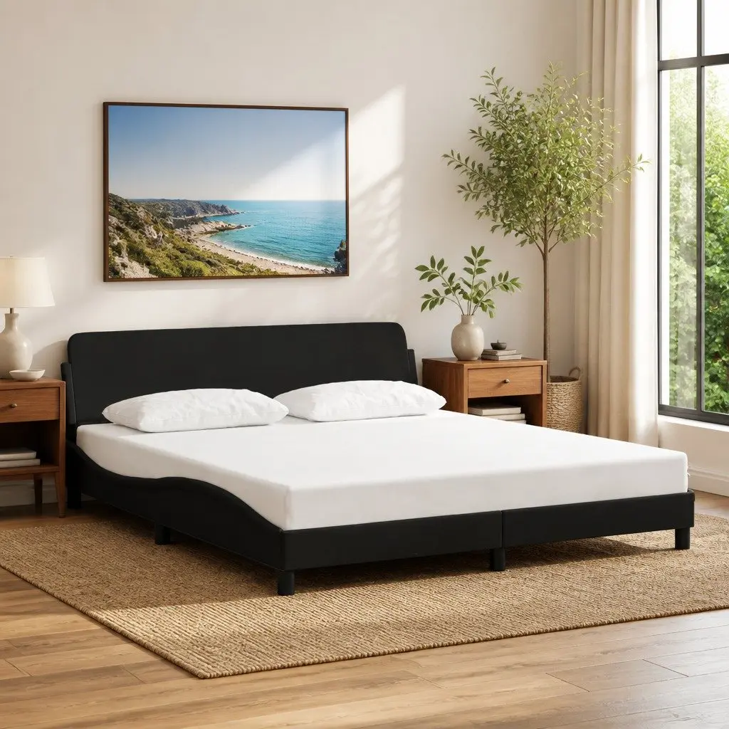 Queen Bed Frame Fabric Upholstered 152x203cm Black