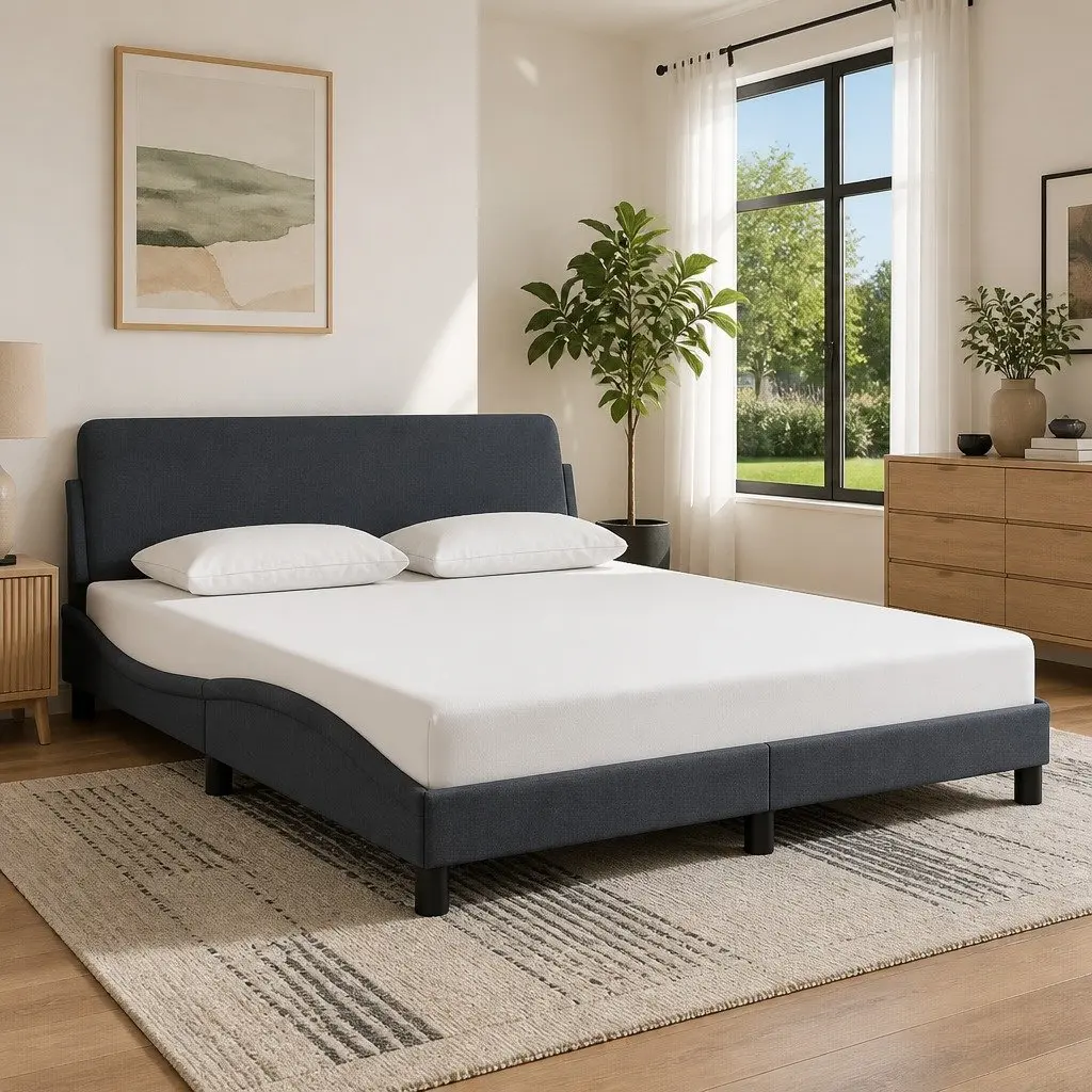 Queen Bed Frame Velvet Upholstered Grey 152 x 203 cm Plywood Slats Modern Bedroom