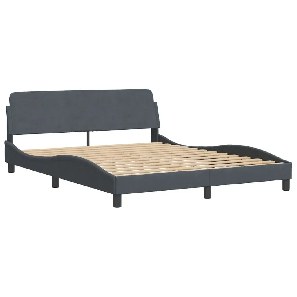 Queen Bed Frame Velvet Upholstered Grey 152 x 203 cm Plywood Slats Modern Bedroom