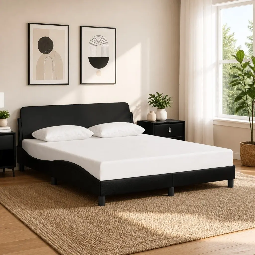 Bed Frame Faux Leather Black 152x203cm with Headboard
