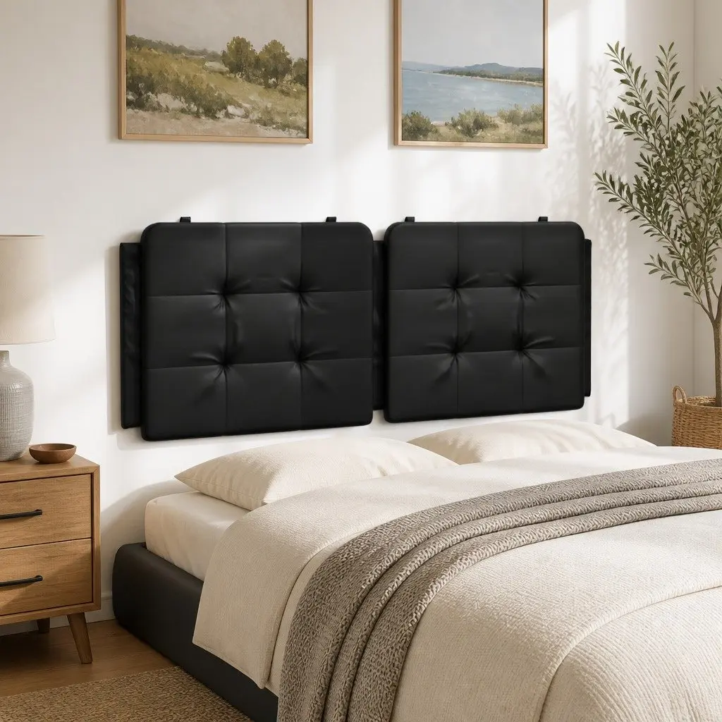 Headboard Cushion Wall Mounted Bed Pillow Black Upholstered Faux Leather 137cm