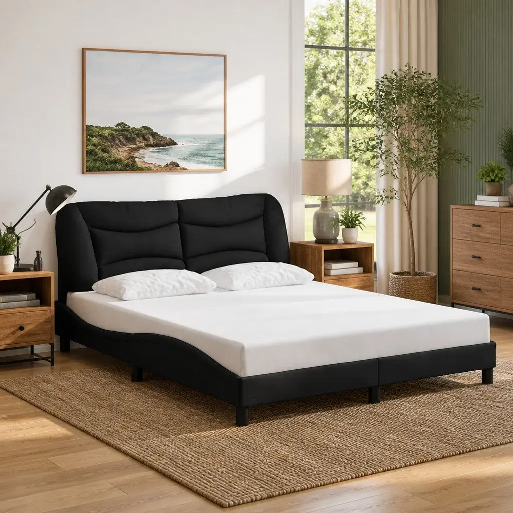 Queen Bed Frame with Fabric Headboard and Plywood Slats Black 152x203cm