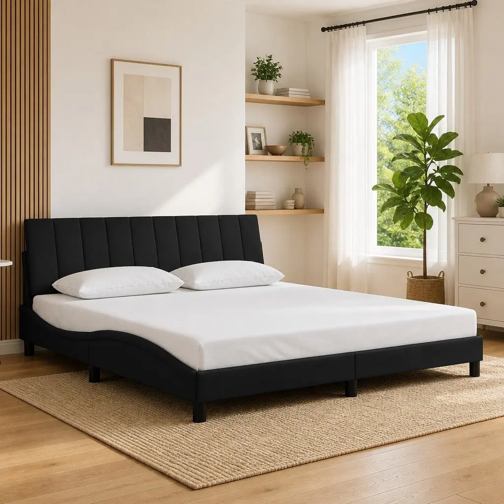 King Bed Frame 180x200 cm Headboard Velvet Black Bedroom Furniture Slatted Base