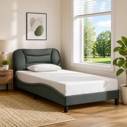 King Single Bed Frame 107x203cm Grey Fabric Headboard Plywood Slats Support