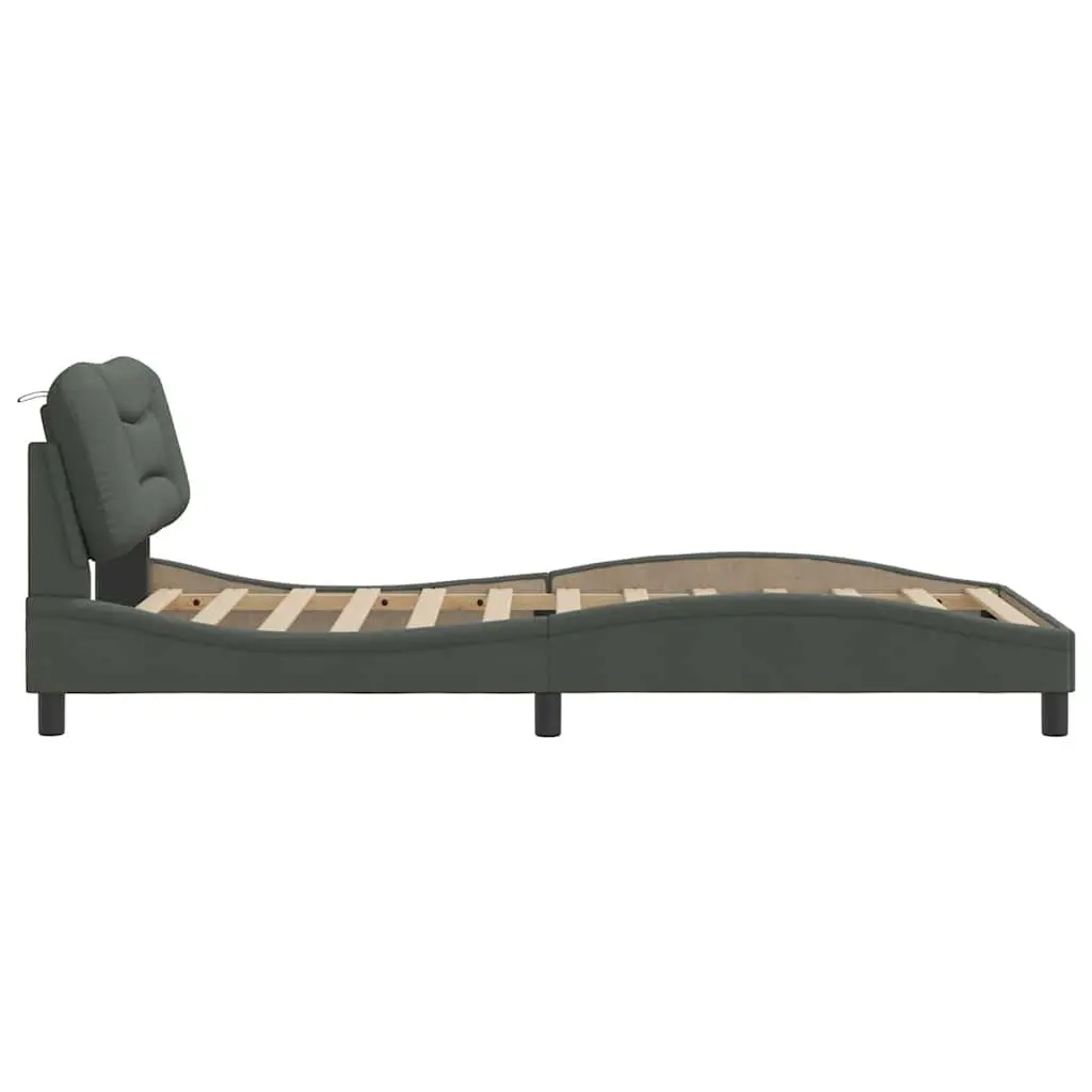 King Single Bed Frame 107x203cm Grey Fabric Headboard Plywood Slats Support