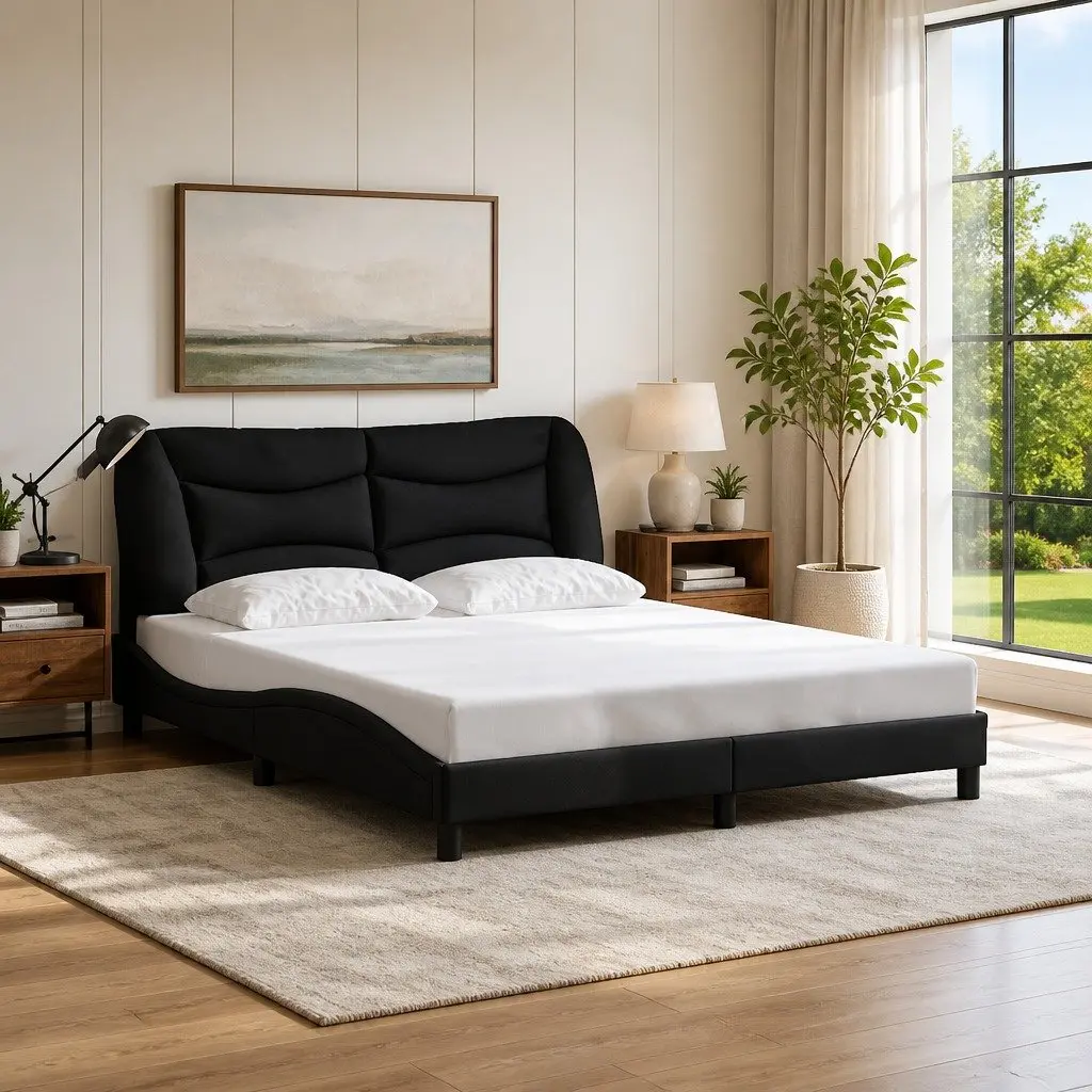 Queen Bed Frame Black Fabric Headboard Plywood Slats Cushioned Support Bedroom