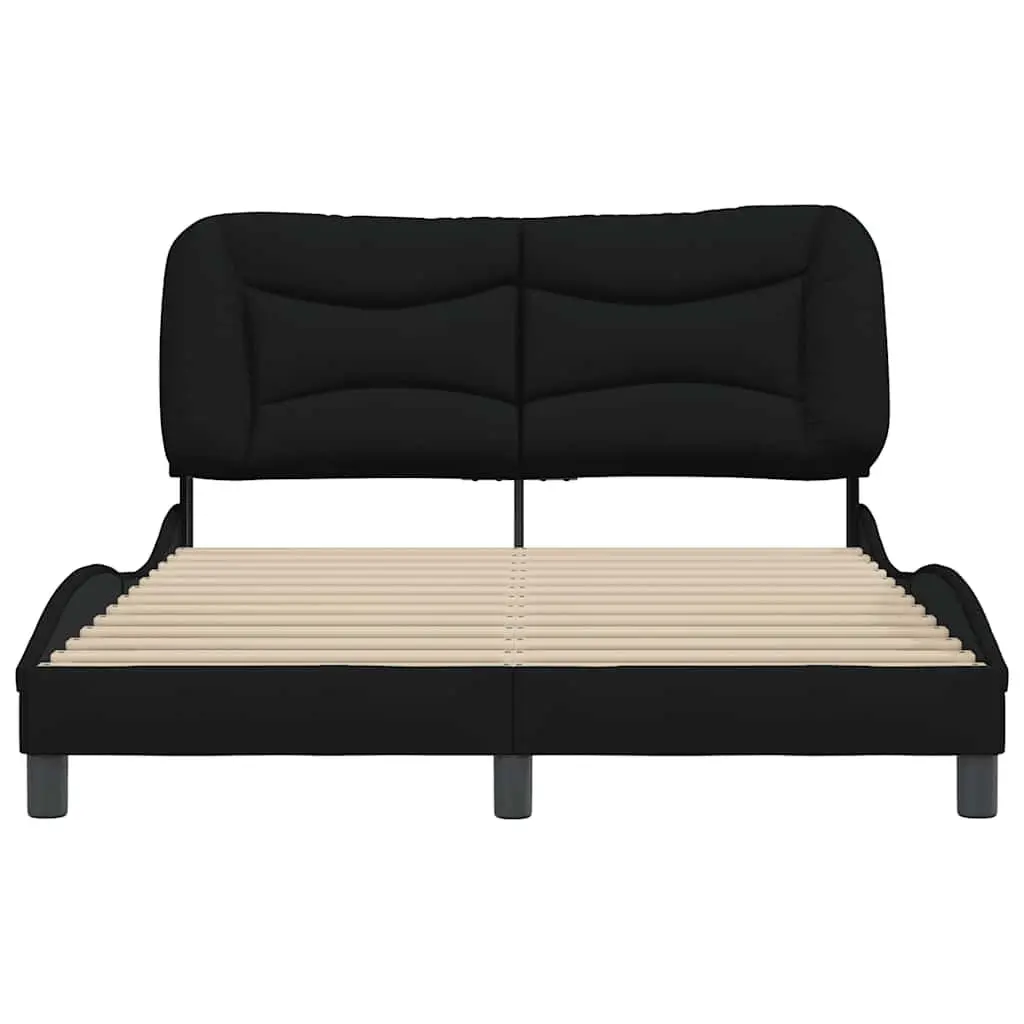 Queen Bed Frame Black Fabric Headboard Plywood Slats Cushioned Support Bedroom