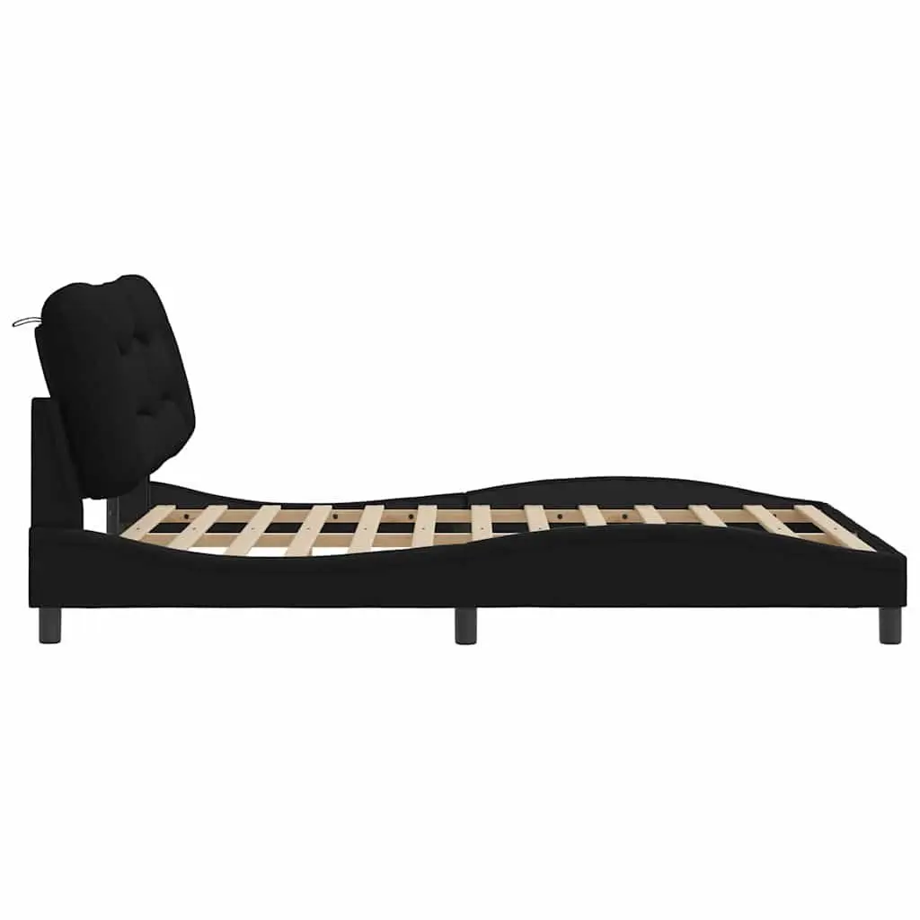 Queen Bed Frame Black Fabric Headboard Plywood Slats Cushioned Support Bedroom