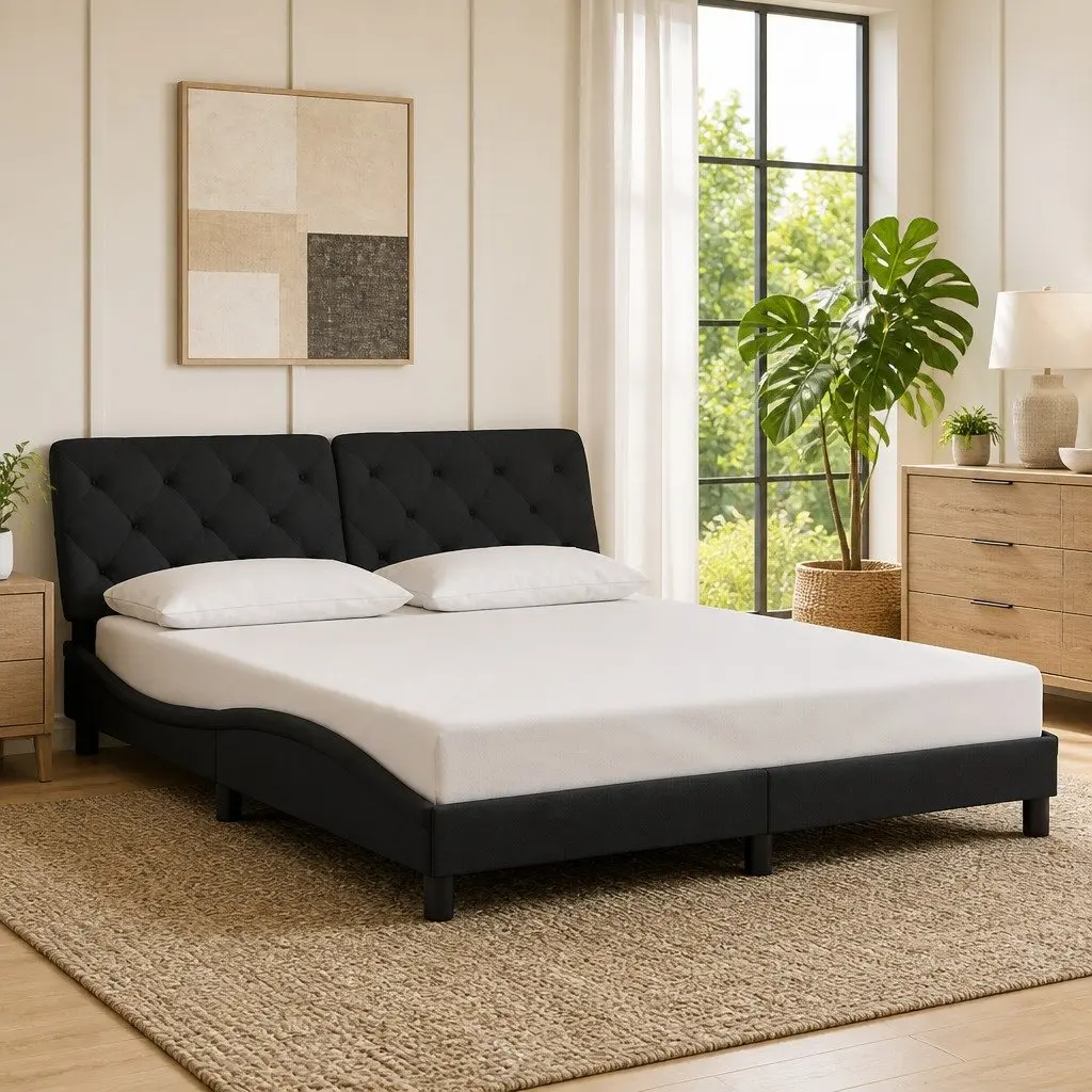 Queen Bed Frame Velvet Black 152x203cm Plywood Slats