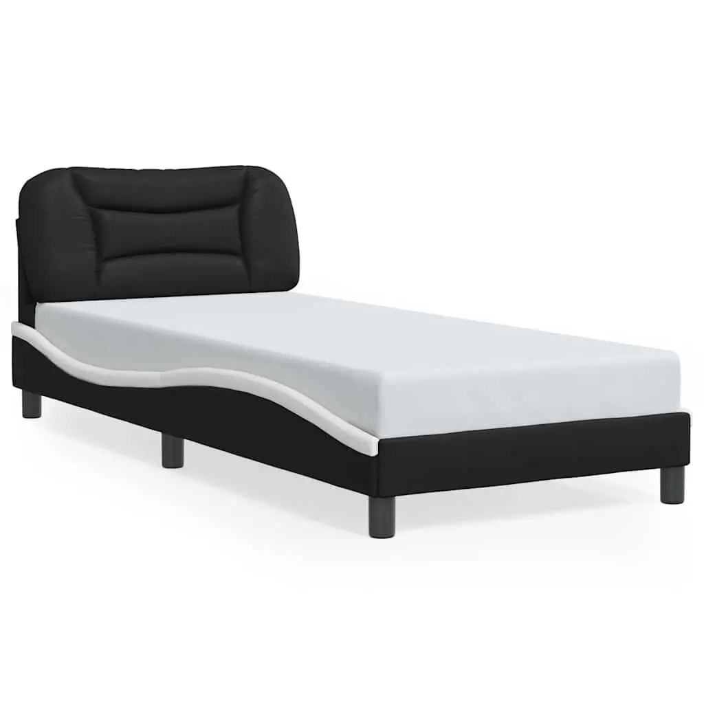 Bed Frame 90x190 cm with Headboard White Black Faux Leather Slatted Base