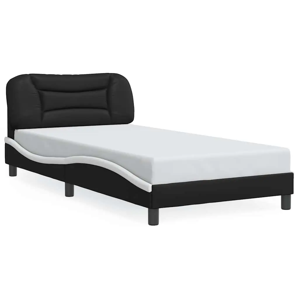 King Single Bed Frame with Headboard Faux Leather White Black 107x203cm Bedroom