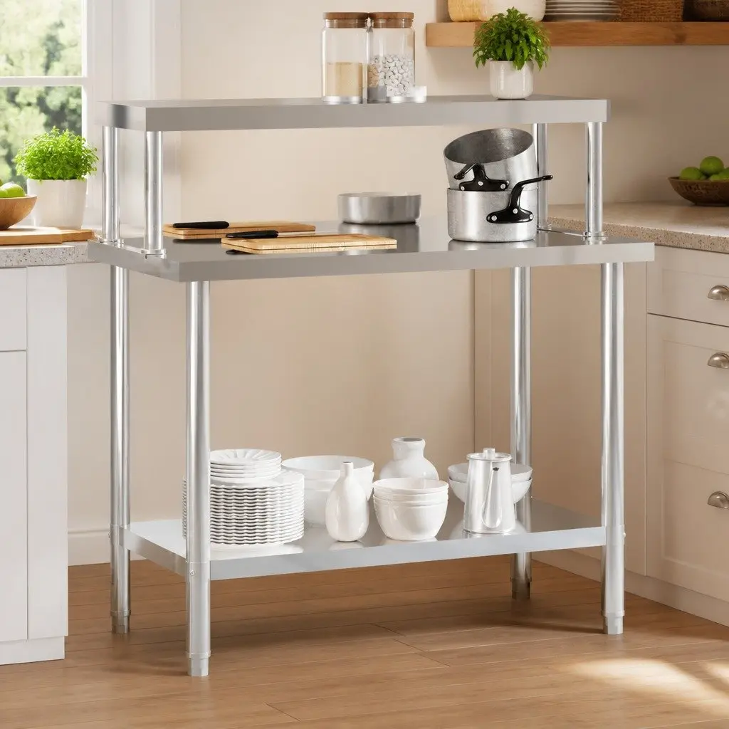Stainless Steel Kitchen Work Table with Bottom and Overshelf 110x55x120cm for Food Preparation