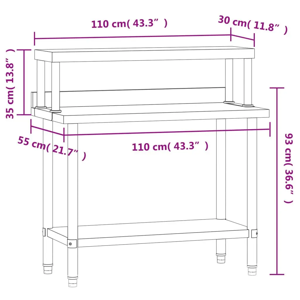 Stainless Steel Kitchen Work Table with Bottom and Overshelf 110x55x120cm for Food Preparation