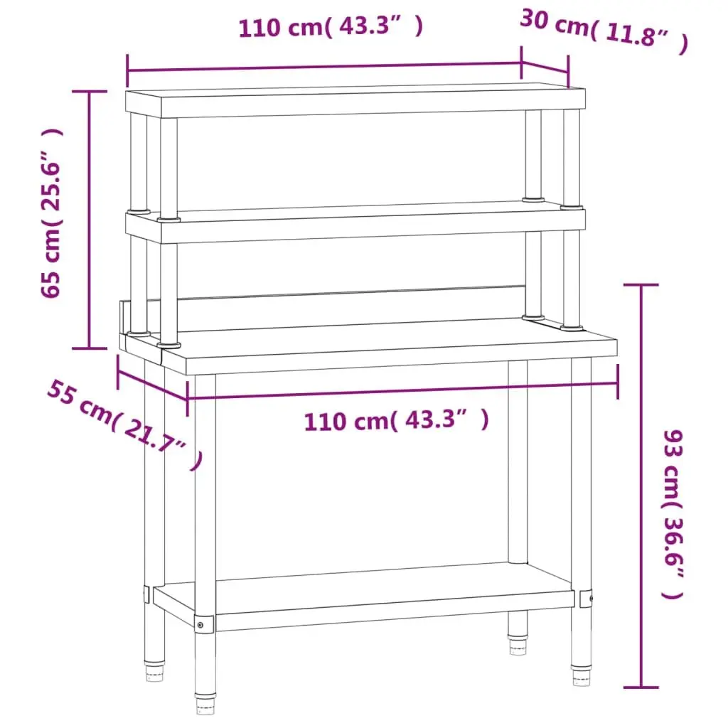 Stainless Steel Kitchen Workstation with Double Tier Shelf 110x55x150cm for Food Preparation