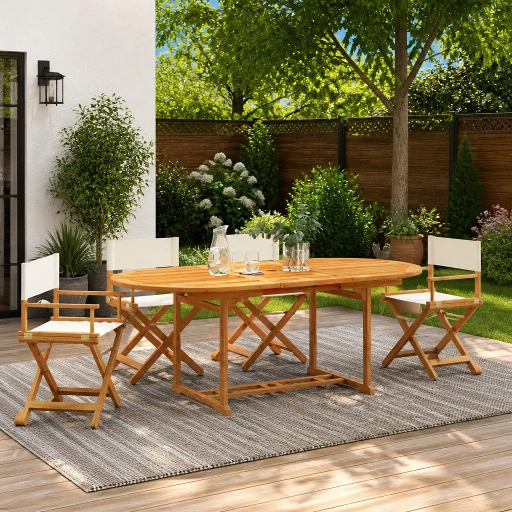 Folding Garden Chairs Acacia Wood Frame Fabric Cream 4 Piece