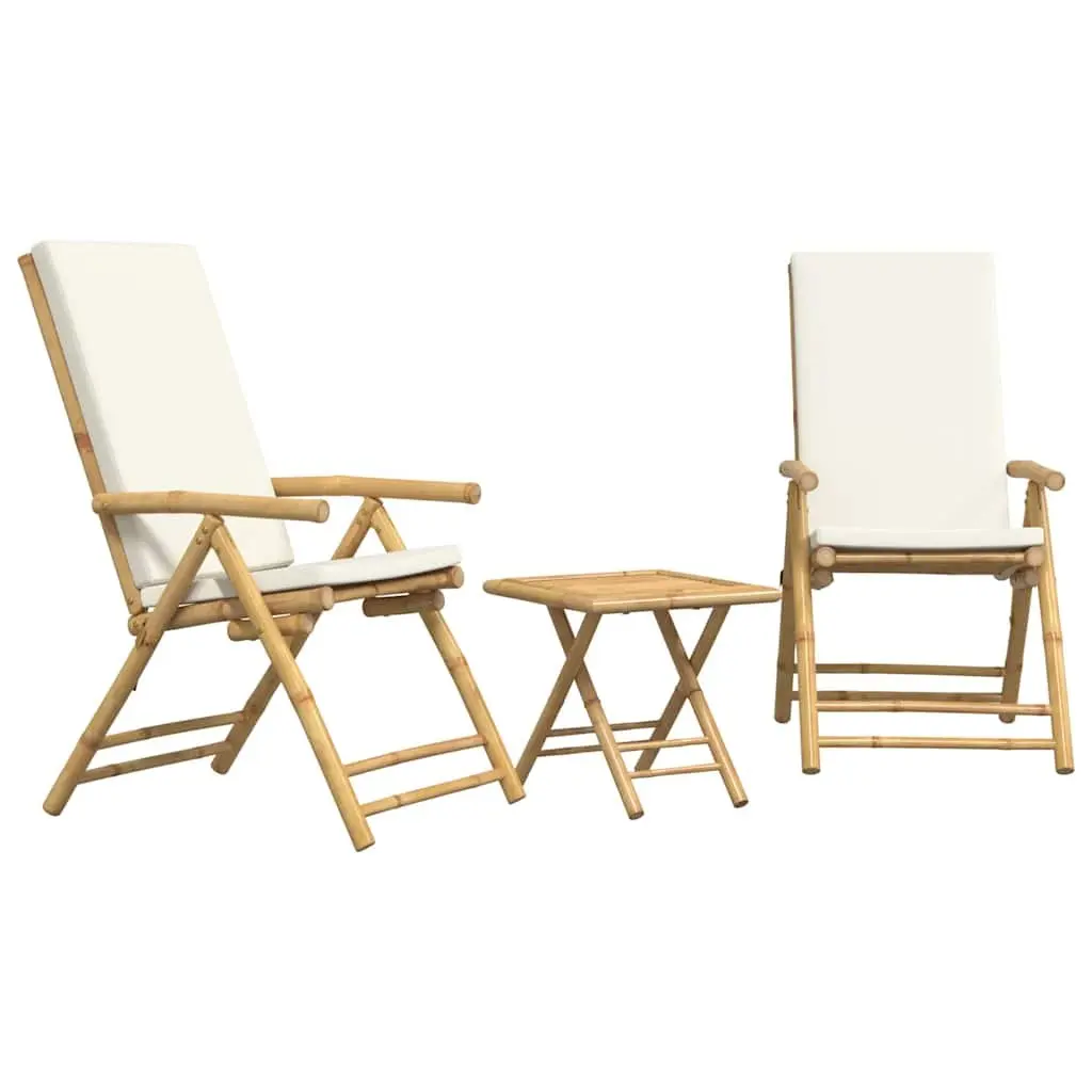 Bistro Set Bamboo 3 Piece Folding Outdoor Furniture Reclining Chair Brown Cream White