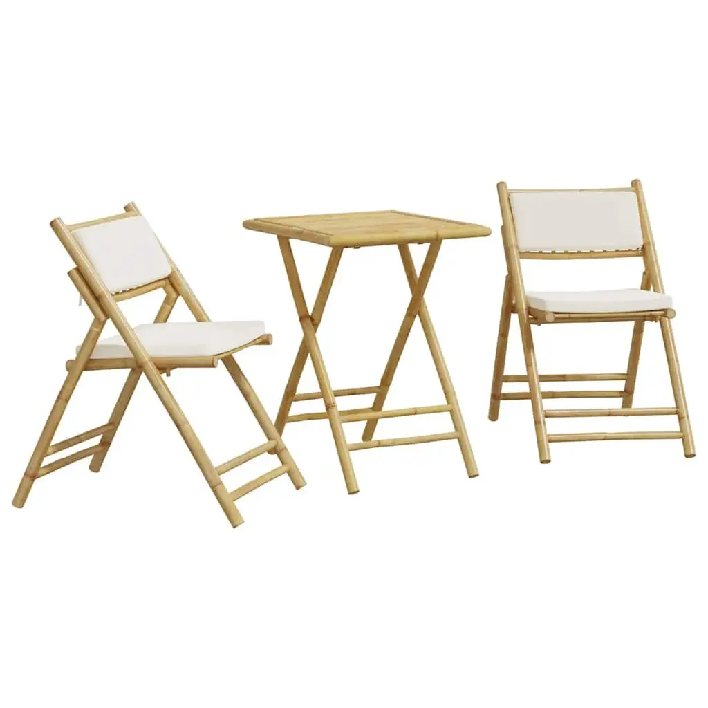 Bistro Set 3 Piece Bamboo Foldable Outdoor Garden Furniture with Cushions Cream White and Brown