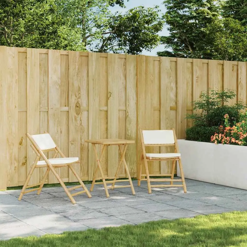 Bistro Set 3 Piece Bamboo Foldable Outdoor Garden Furniture with Cushions Cream White and Brown