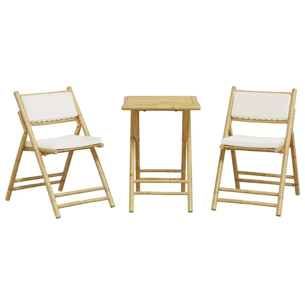 Bistro Set 3 Piece Bamboo Foldable Outdoor Garden Furniture with Cushions Cream White and Brown