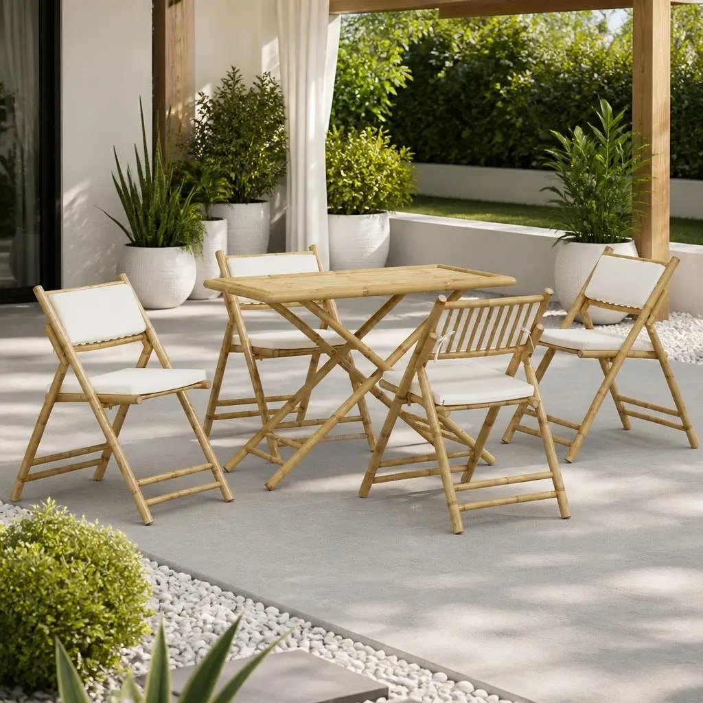 Bistro Set Bamboo Folding Furniture 5 Piece Garden Outdoor with Cushions Brown