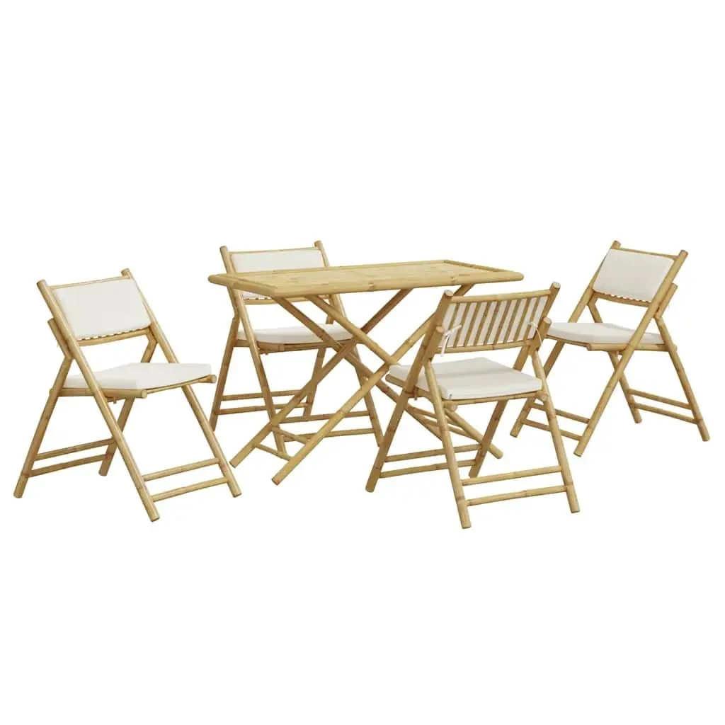 Bistro Set Bamboo Folding Furniture 5 Piece Garden Outdoor with Cushions Brown
