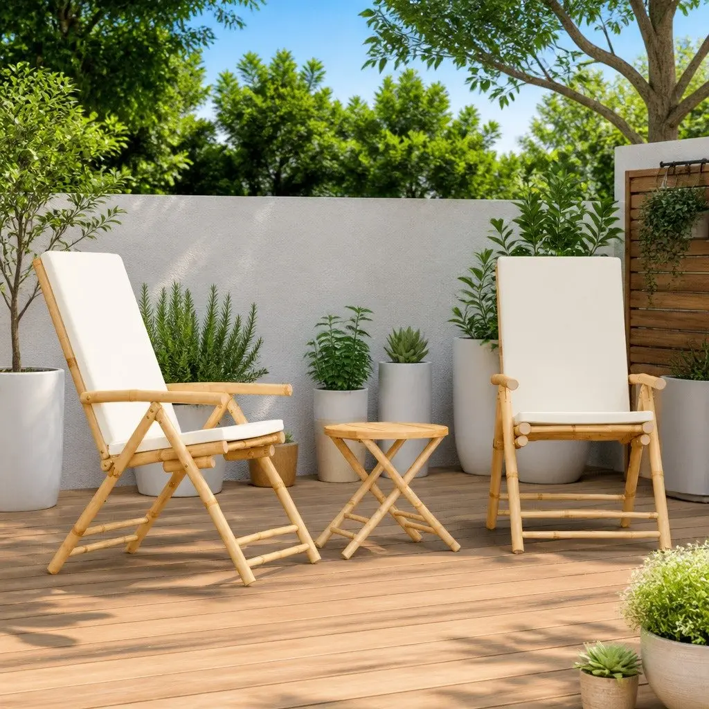 Outdoor Bistro Set Bamboo Foldable 3 Piece Cushioned Chairs Brown