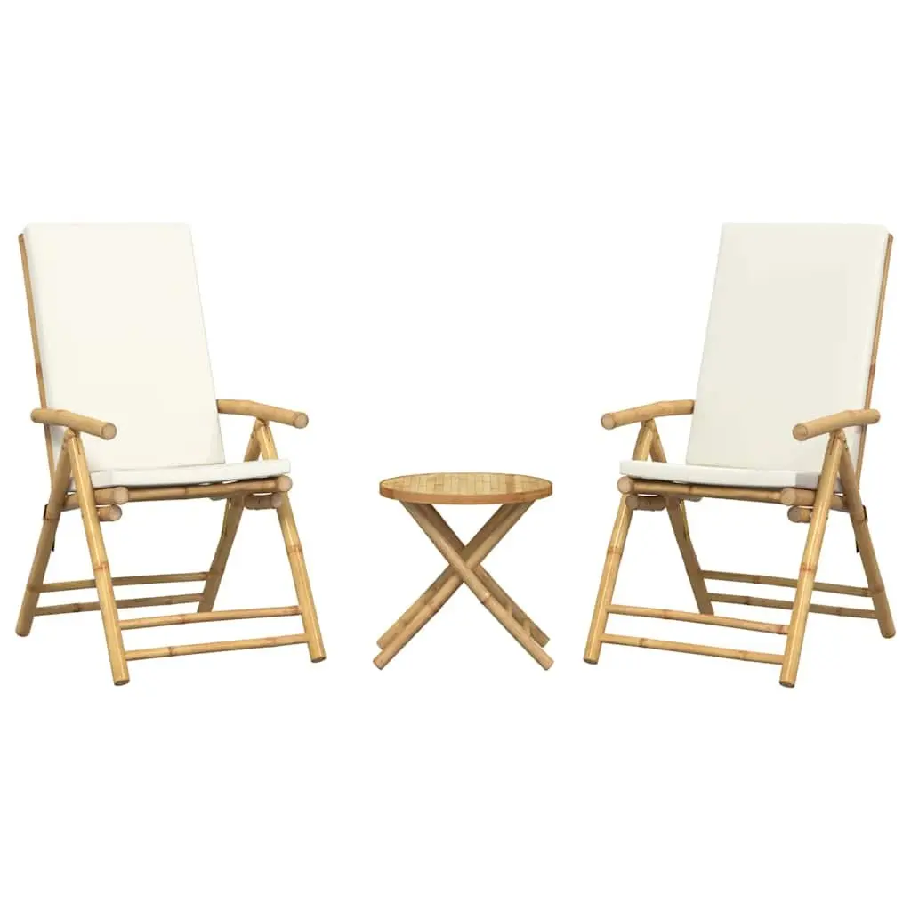 Outdoor Bistro Set Bamboo Foldable 3 Piece Cushioned Chairs Brown