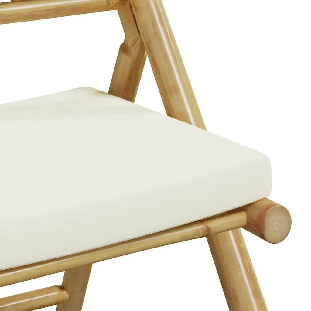 3 Piece Folding Bistro Set Bamboo Frame Brown with Cream White Cushions