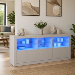 White Sideboard with RGB LED Lights Modern Storage Cabinet Buffet 162x37x67cm