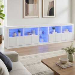 White Sideboard Cabinet with RGB LED Lights Modern Storage Buffet 283x37x67cm