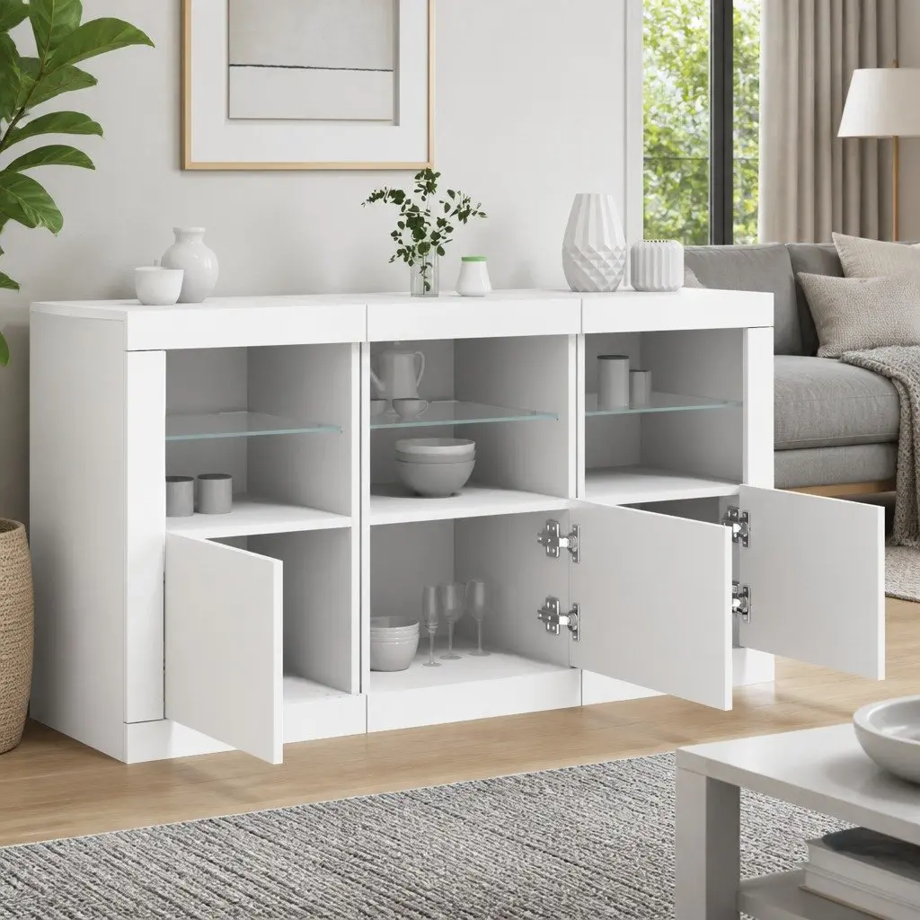 White Sideboard with RGB LED Lights Storage Cabinet Modern Hallway Buffet