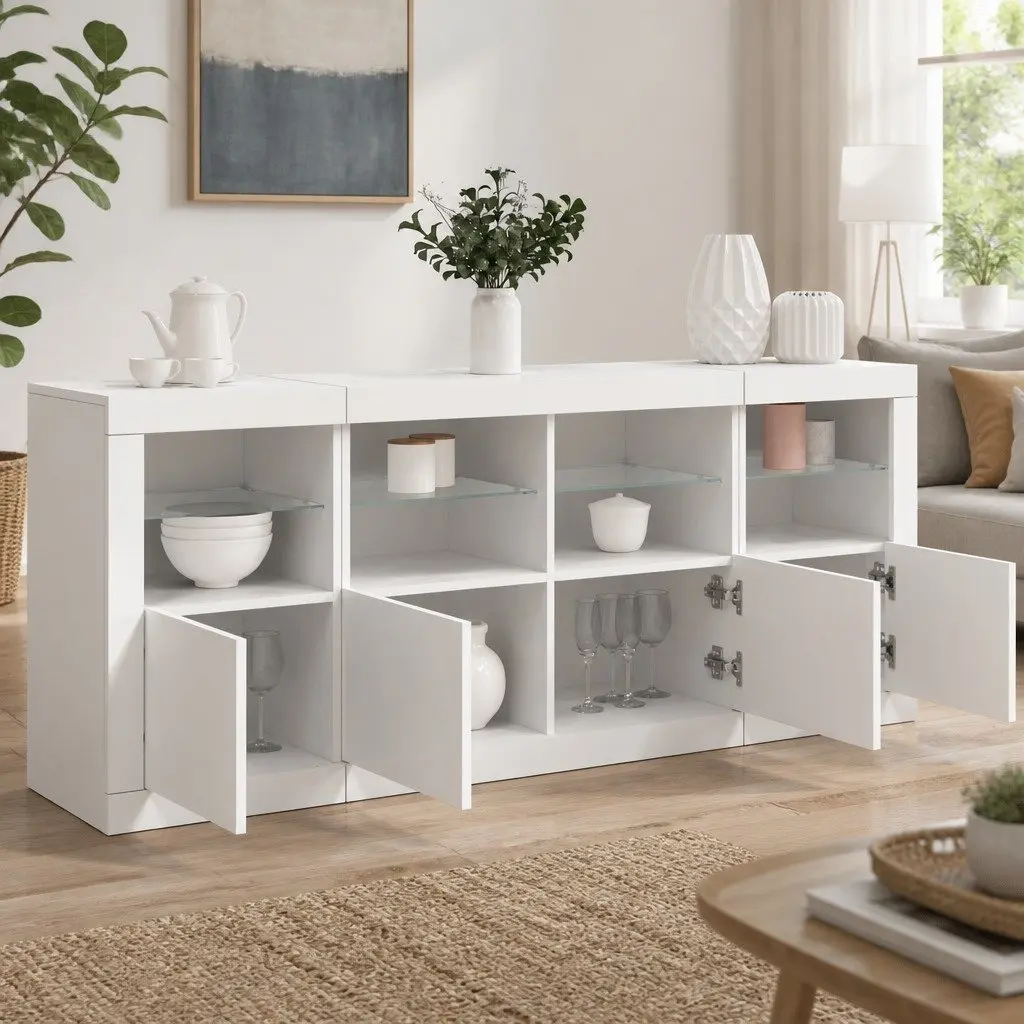 White Sideboard with RGB LED Lights Modern Storage Cabinet Buffet 163x37x67cm