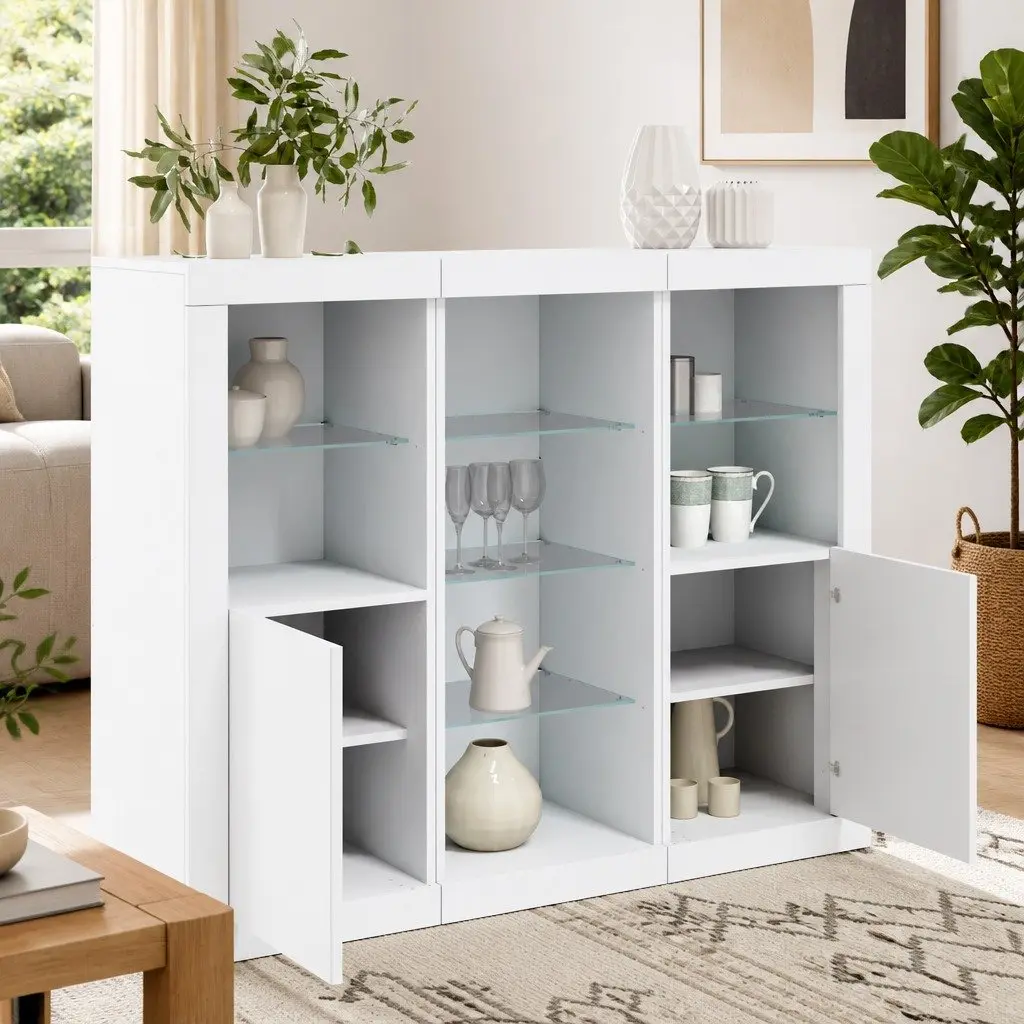 Sideboard Cabinets with RGB LED Lights 3 Piece Set White Storage Furniture