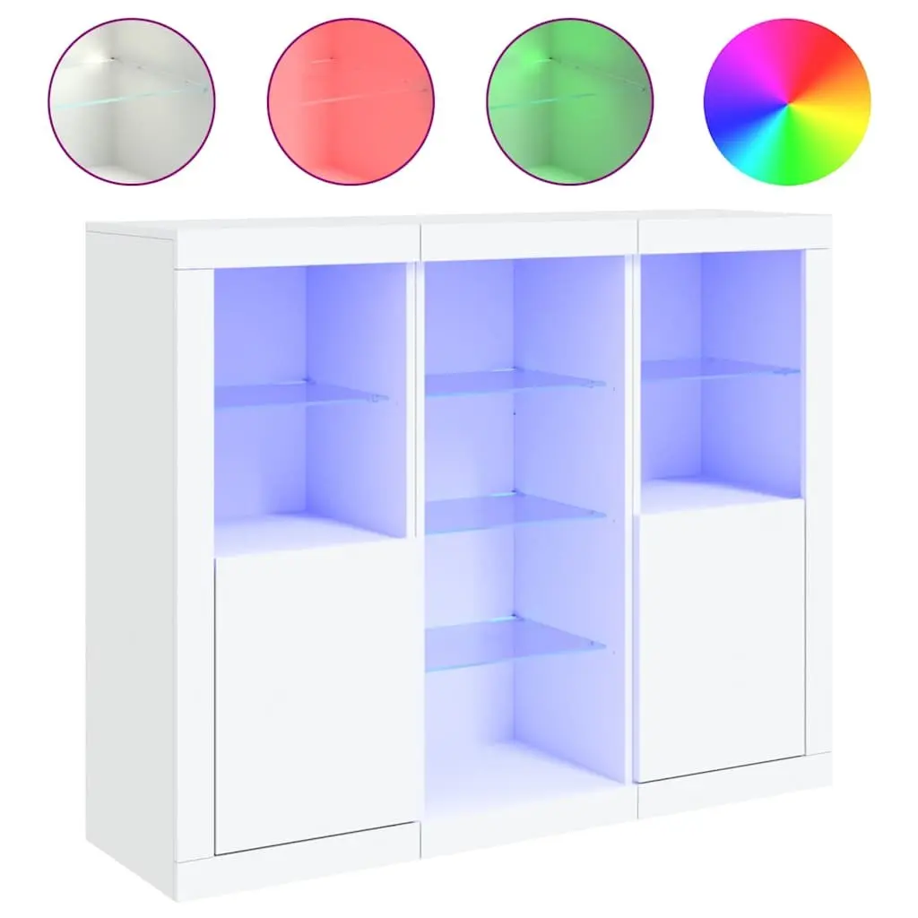 Sideboard Cabinets with RGB LED Lights 3 Piece Set White Storage Furniture