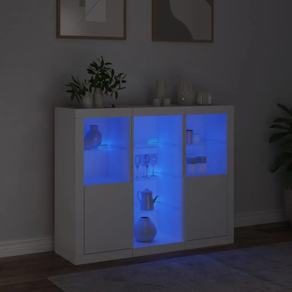 Sideboard Cabinets with RGB LED Lights 3 Piece Set White Storage Furniture