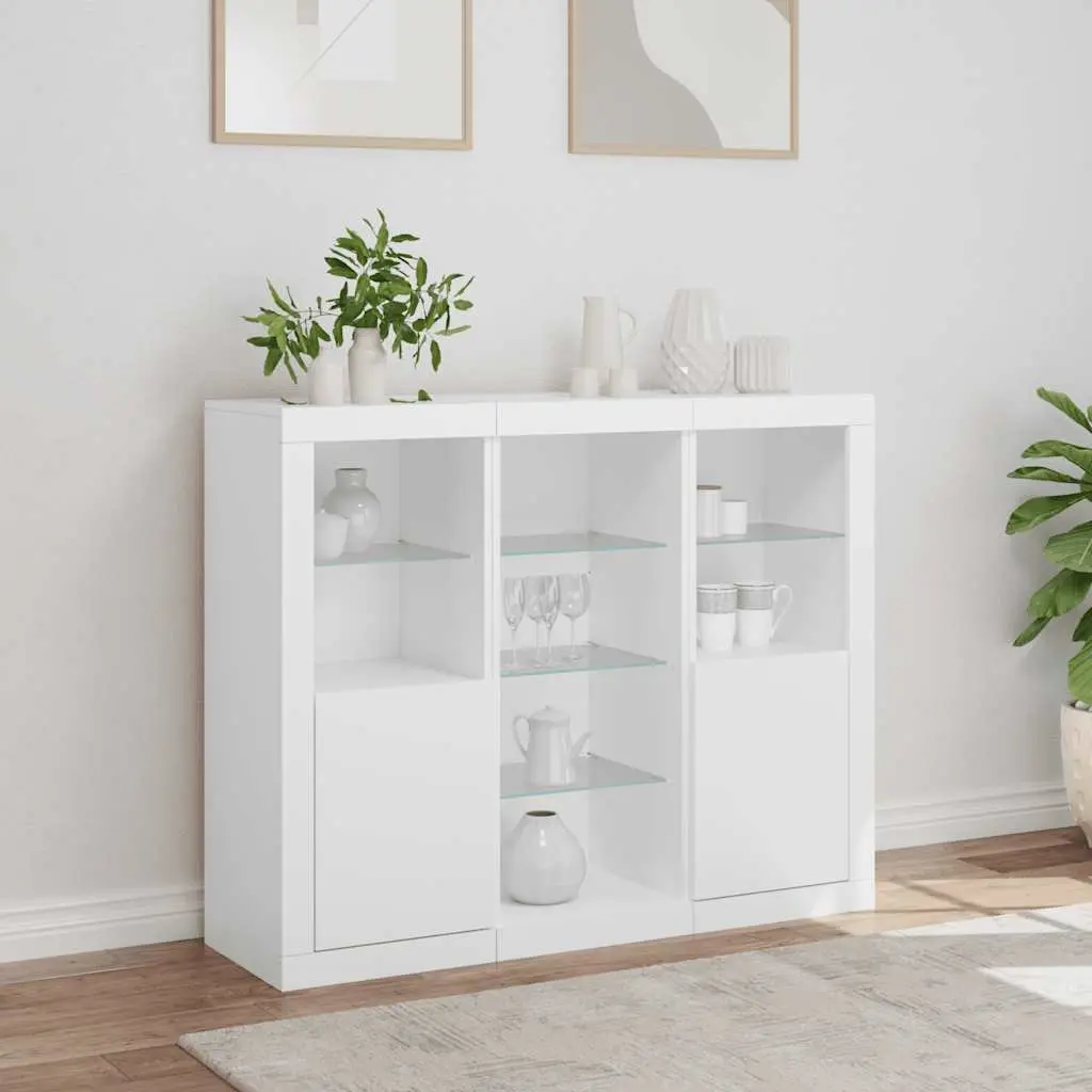 Sideboard Cabinets with RGB LED Lights 3 Piece Set White Storage Furniture