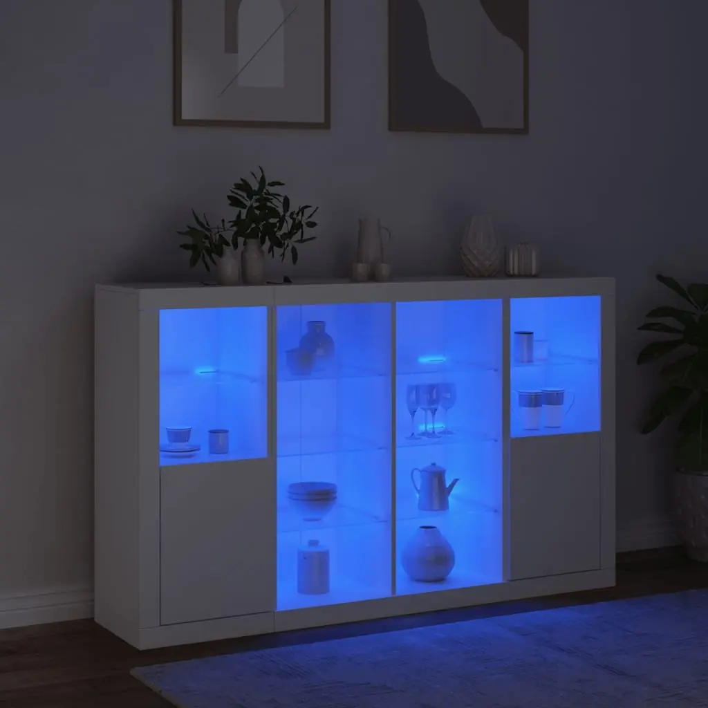 3 Piece Set Engineered Wood Sideboards White Storage Cabinets with LED Lighting