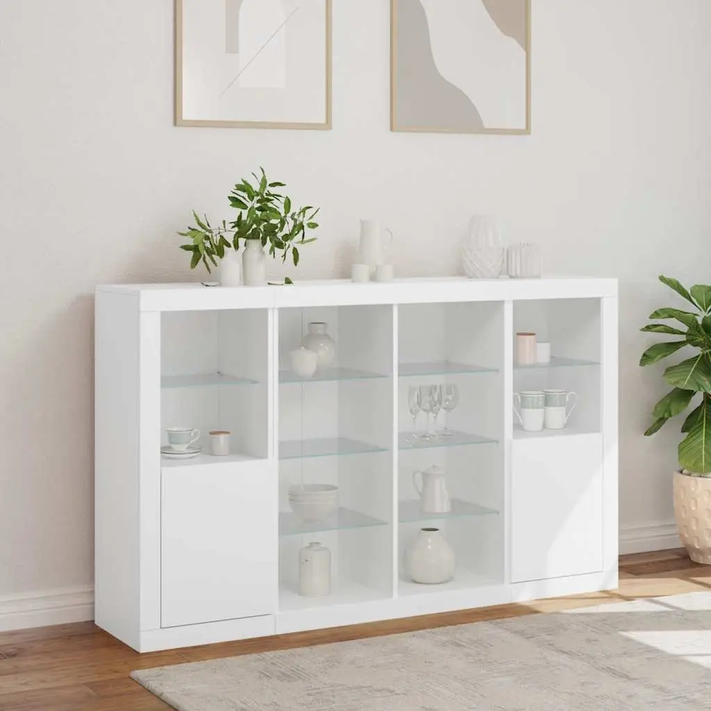 3 Piece Set Engineered Wood Sideboards White Storage Cabinets with LED Lighting