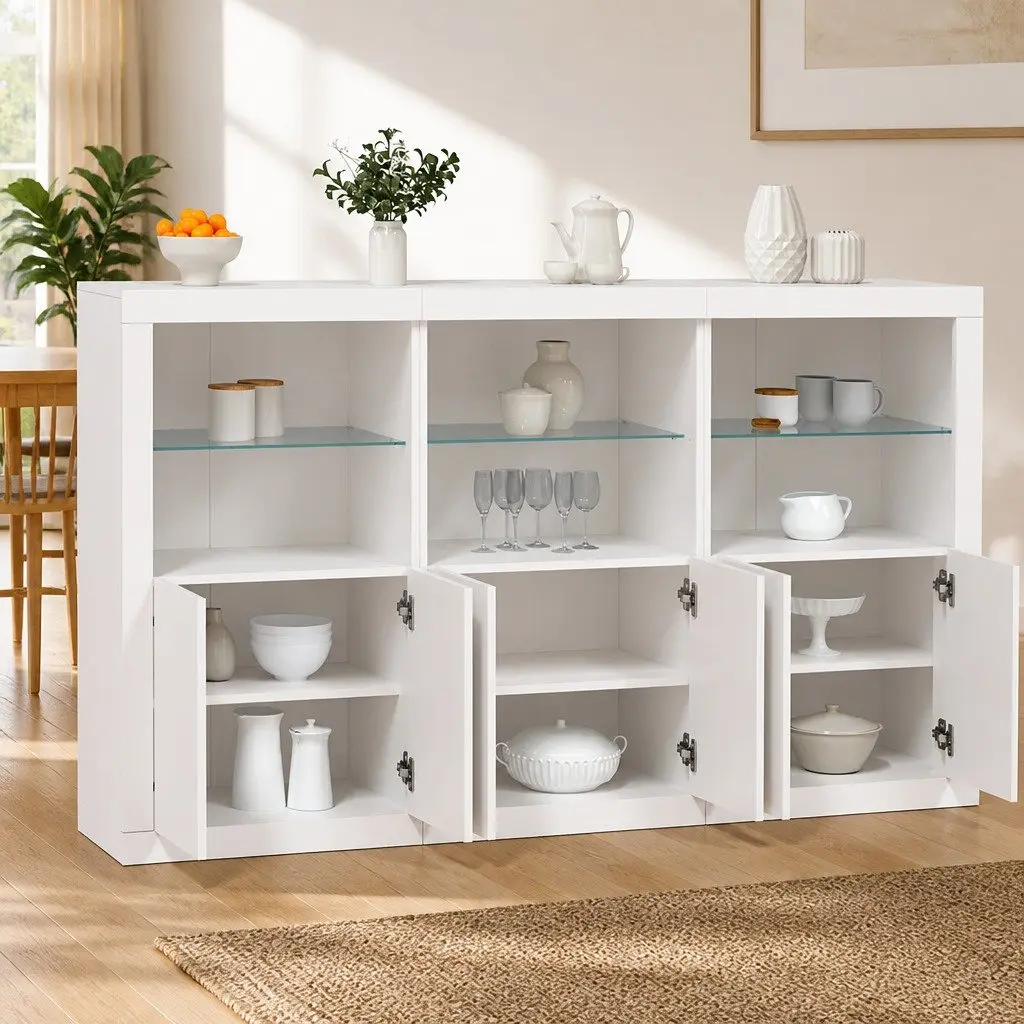 White Sideboard Cabinet with RGB LED Lights Storage Buffet Modern Hallway