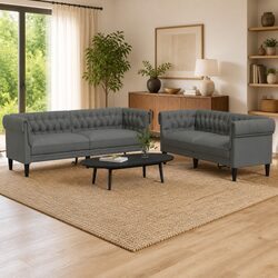 2 Piece Sofa Set Grey Fabric Living Room Seating Modern Design Comfortable