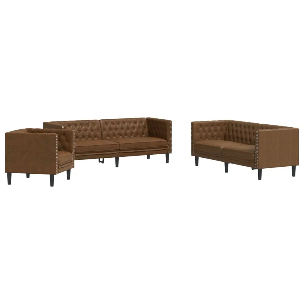 Chesterfield Sofa Set 3 Piece Brown Faux Suede Button Tufted Living Room