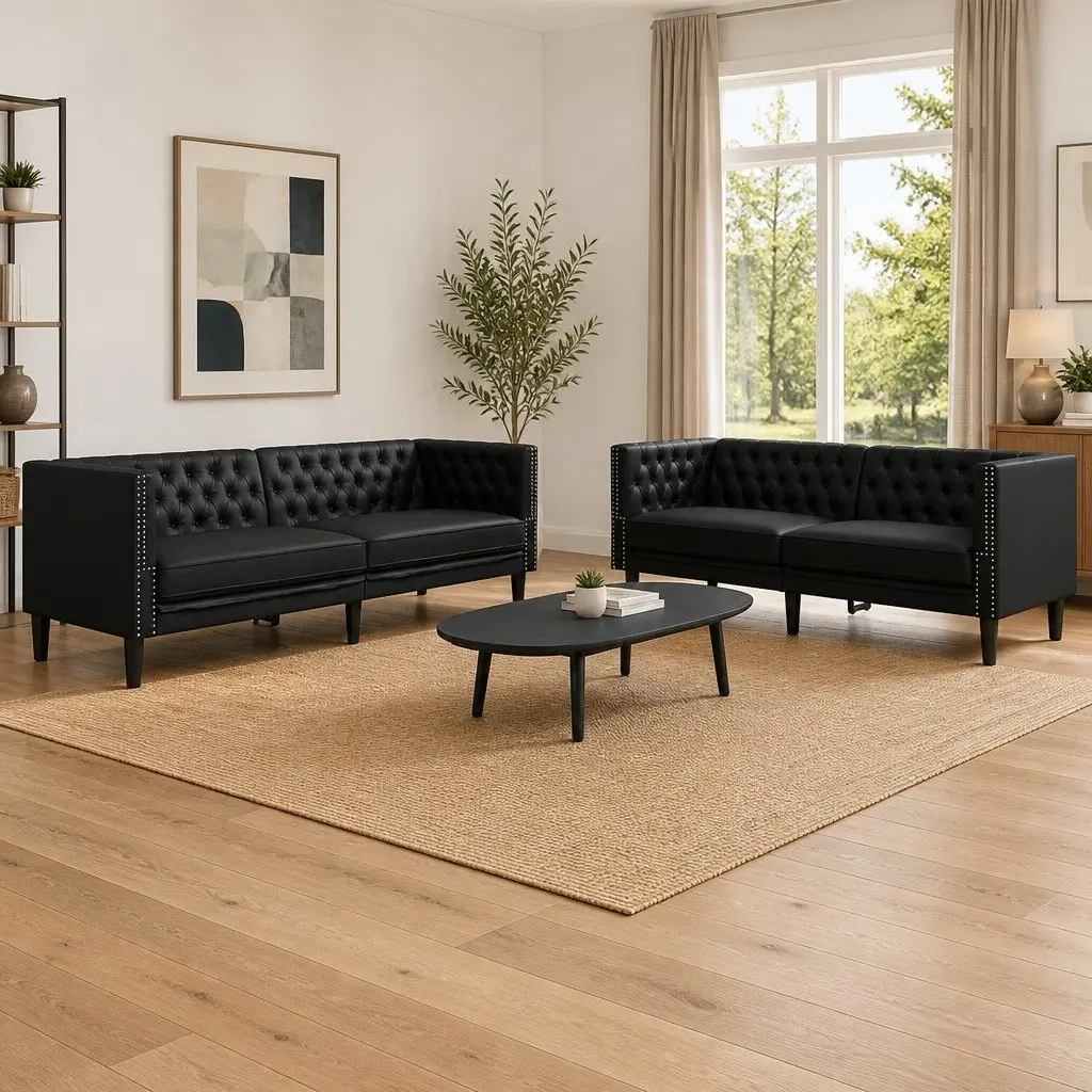 Chesterfield Sofa Set Faux Leather Black 2 Piece Button Tufted Living Room