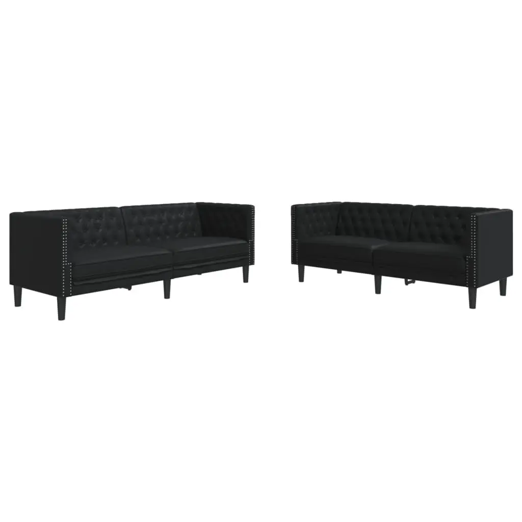 Chesterfield Sofa Set Faux Leather Black 2 Piece Button Tufted Living Room