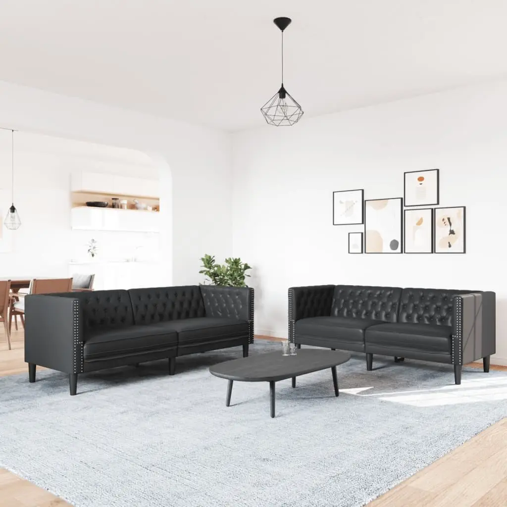 Chesterfield Sofa Set Faux Leather Black 2 Piece Button Tufted Living Room