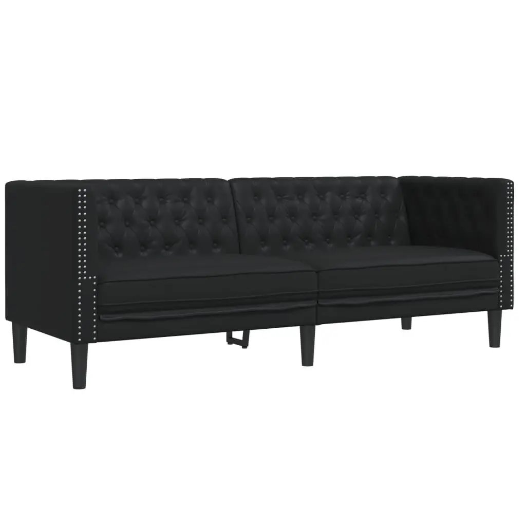 Chesterfield Sofa Set Faux Leather Black 2 Piece Button Tufted Living Room