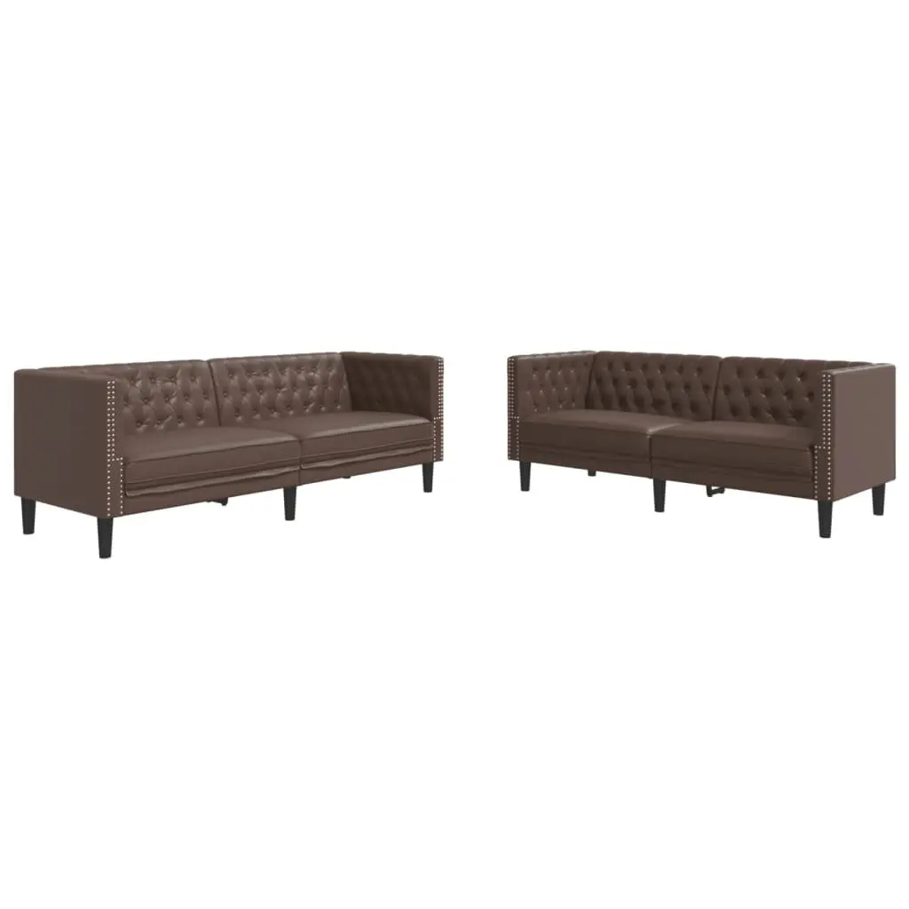 2 Piece Brown Faux Leather Chesterfield Sofa Set Button Tufted Living Room Suite