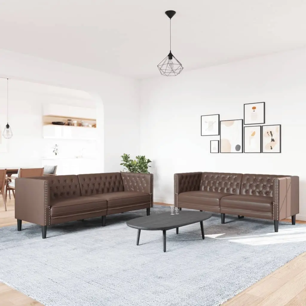 2 Piece Brown Faux Leather Chesterfield Sofa Set Button Tufted Living Room Suite
